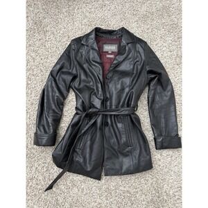 VTG Wilsons Leather Jacket Women's M Black Trench Coat Thinsulate Lined Belt 90s